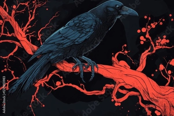 Fototapeta Illustration of a raven perched on a red tree branch