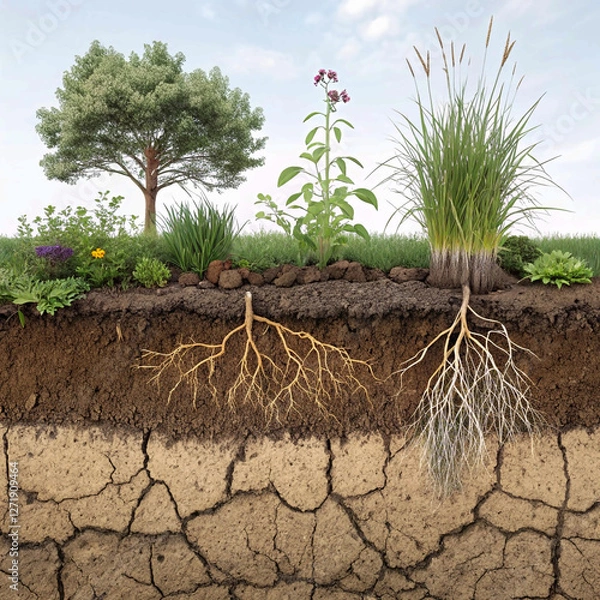 Fototapeta Panorama of Soil Layers: A Cross-Section Revealing Roots, Plant Growth, and Earth Structure