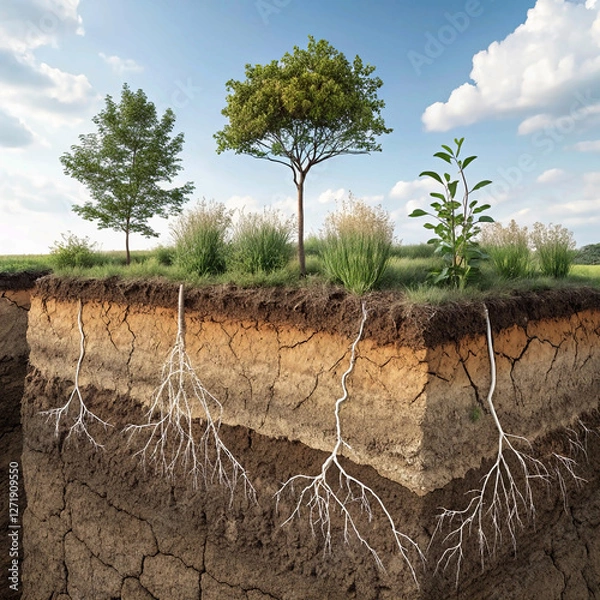Fototapeta Panorama of Soil Layers: A Cross-Section Revealing Roots, Plant Growth, and Earth Structure