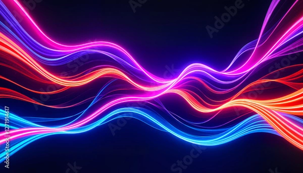 Fototapeta Colorful neon energy wave background with glowing pink, blue, and orange light reflections
