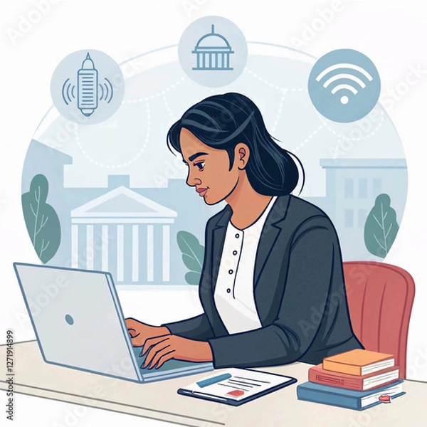 Fototapeta Focused Indian College Student Researching and Studying at a Public Library Using a Laptop