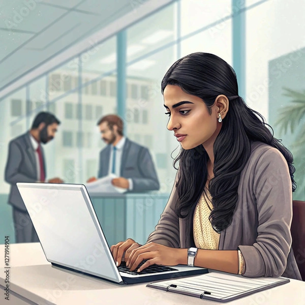 Fototapeta Focused Indian College Student Researching and Studying at a Public Library Using a Laptop