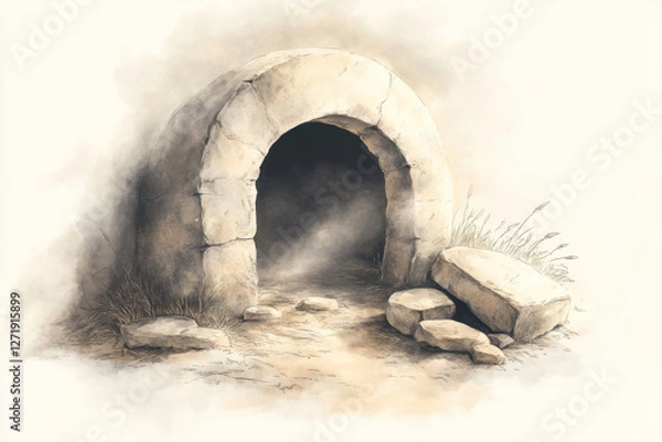 Fototapeta The stone rolled away from the tomb, symbolizing the empty grave of Jesus Christ and the Resurrection, a biblical scene from the New Testament (Luke 24:2-3).  Biblical watercolor illustration 