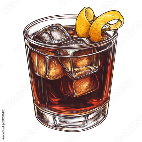 Obraz A glass of cold, dark brown drink with ice cubes and a citrus peel garnish, crafted in a cut-out style, transparent background, PNG