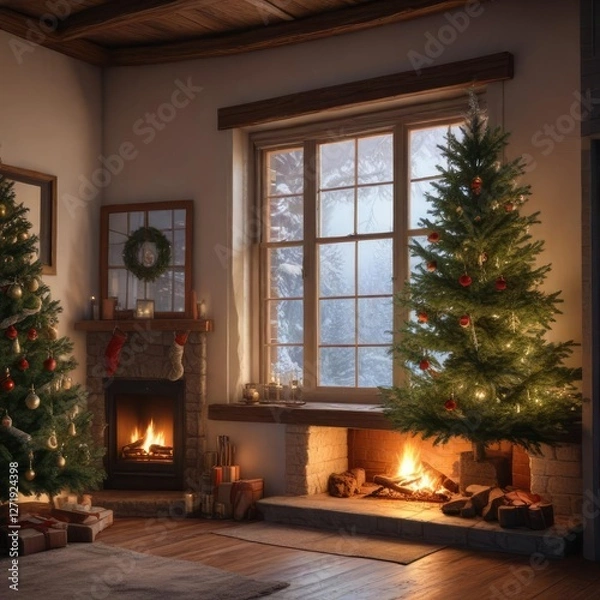 Fototapeta Frosty windows and evergreen branches surround a charming Christmas tree placed near a cozy fireplace , christmas tree, warm glow, mantel