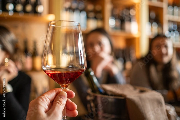 Fototapeta A mans hand holds a fine crystal glass of wine in the foreground with a wine cellar from Tuscany on a large unfocused wood shelves and other people. Concept of tasting and lifestile