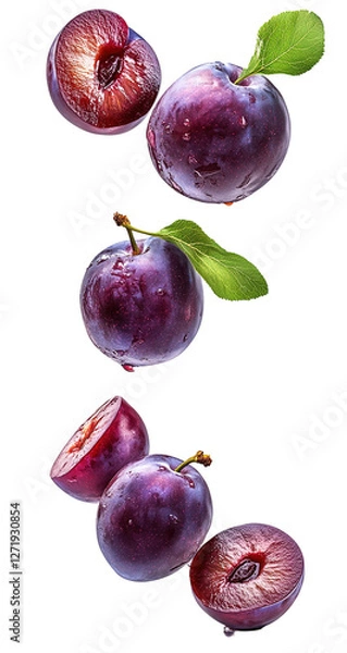 Fototapeta Assortment of crimson plums on a blank canvas.