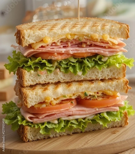 Obraz Healthy Whole Grain Club Sandwich with Ham  Cheese  Lettuce  and Tomato  A Nutritious and Delicious Meal 