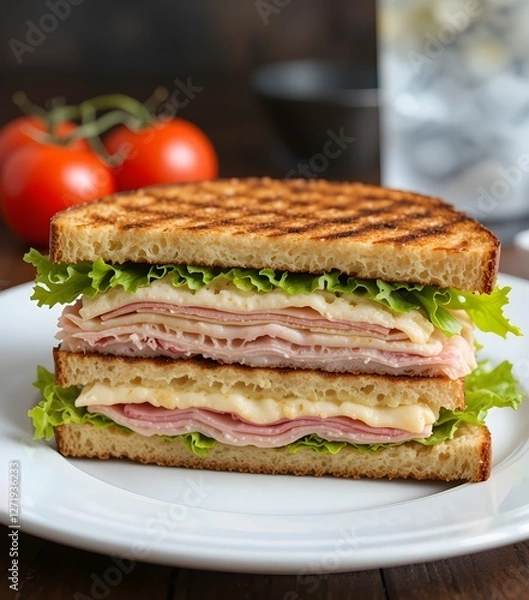 Obraz Healthy Whole Grain Club Sandwich with Ham  Cheese  Lettuce  and Tomato  A Nutritious and Delicious Meal 