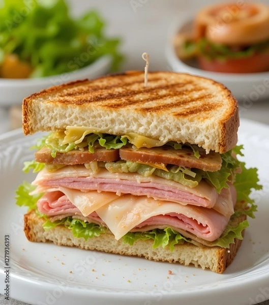 Obraz Healthy Whole Grain Club Sandwich with Ham  Cheese  Lettuce  and Tomato  A Nutritious and Delicious Meal 