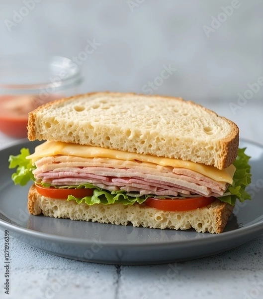 Fototapeta Healthy Whole Grain Club Sandwich with Ham  Cheese  Lettuce  and Tomato  A Nutritious and Delicious Meal 