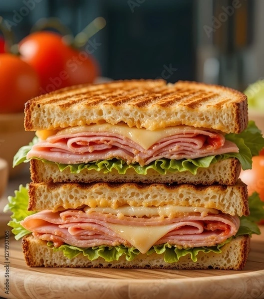 Obraz Healthy Whole Grain Club Sandwich with Ham  Cheese  Lettuce  and Tomato  A Nutritious and Delicious Meal 