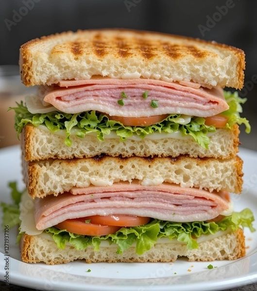Obraz Healthy Whole Grain Club Sandwich with Ham  Cheese  Lettuce  and Tomato  A Nutritious and Delicious Meal 