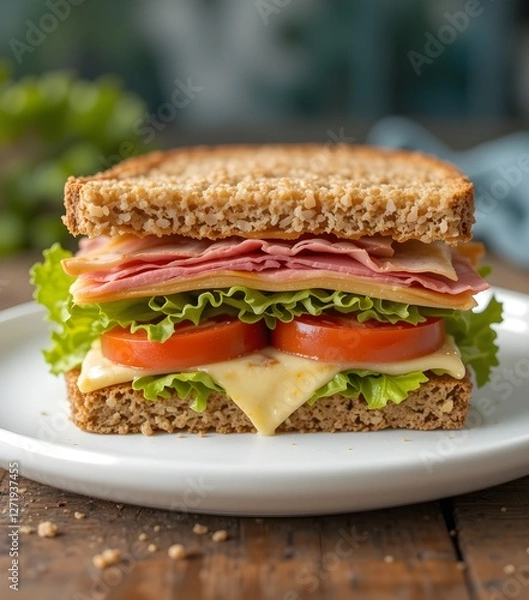 Obraz Healthy Whole Grain Club Sandwich with Ham  Cheese  Lettuce  and Tomato  A Nutritious and Delicious Meal 