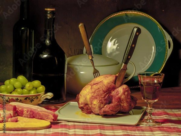 Obraz A stylized antique still life with a grilled chicken, a glass of red wine and lard.	(rotisserie chicken)
