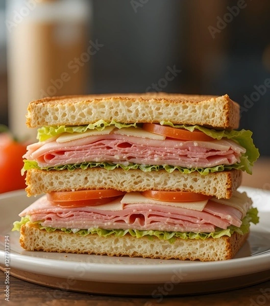 Obraz Healthy Whole Grain Club Sandwich with Ham  Cheese  Lettuce  and Tomato  A Nutritious and Delicious Meal 