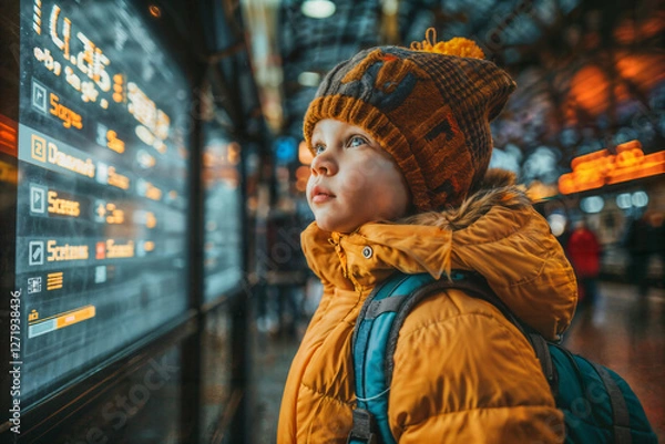 Fototapeta Child in Winter Gear Admires an Electronic Train Display