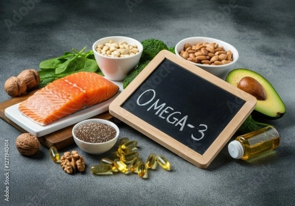 Fototapeta Healthy food selection rich in omega-3 including salmon, nuts, and avocado