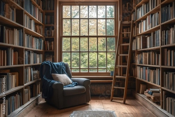 Fototapeta Cozy reading nook invites relaxation in a book filled library with wooden ladder and window view