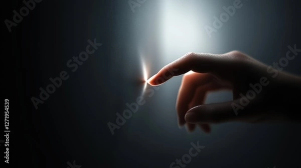 Obraz Human hand touching ethereal light beam in dark space, creating mystical connection through a single point of contact. Generative AI
