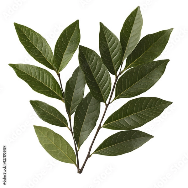 Fototapeta Green branch with multiple leaves and detailed veins. Fresh foliage suitable for botanical designs, nature themes, and herbal concepts. Isolated on transparent background, png.