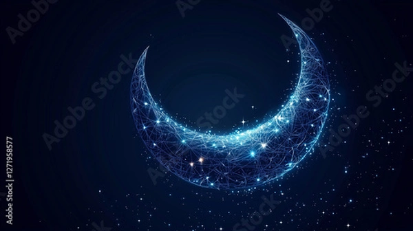 Fototapeta Crescent Moon with Intricate Star Patterns and Glowing Lines, Tattoo-Inspired Design, Dark Navy Blue Background, Cosmic Artwork