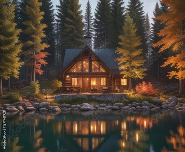 Obraz Cozy cabin by the lake with lit fireplace and trees outside , peaceful, wood, tranquility