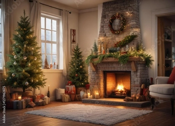 Fototapeta Cozy winter scene with a lit fireplace and a decorated evergreen Christmas tree in the corner, soft light, peaceful