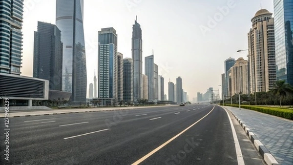 Fototapeta Empty asphalt road passing through the heart of a modern city amidst towering skyscrapers and office buildings, modern cityscape, empty road, steel and glass
