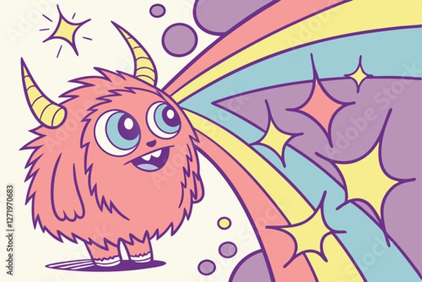 Fototapeta   Cute furry monster, vibrant splashing colors, big blue eyes, friendly smile, colorful explosion, digital art, fantasy creature, psychedelic background, playful character, dynamic composition, neon 