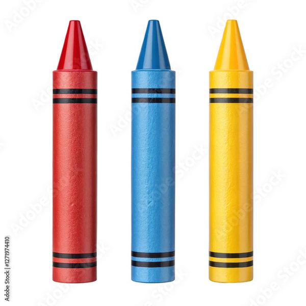 Obraz Three Crayons, Red Blue Yellow, 3D Render, Isolated on Transparent Background, Art Supplies, Crayon, Color, Back to School