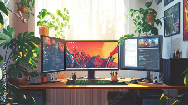 Fototapeta bright workspace with natural light showcasing free standing desk, dual monitors, and lush plants, creating vibrant and productive atmosphere
