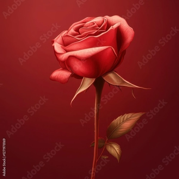 Fototapeta A beautiful red rose with leaves against a matching background