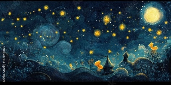 Fototapeta Stylized night scene with ducks stars and whimsical clouds