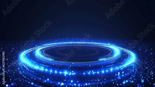 Fototapeta Glowing blue circular digital interface on dark background, resembling futuristic technology concept with hexagon outlines and abstract patterns