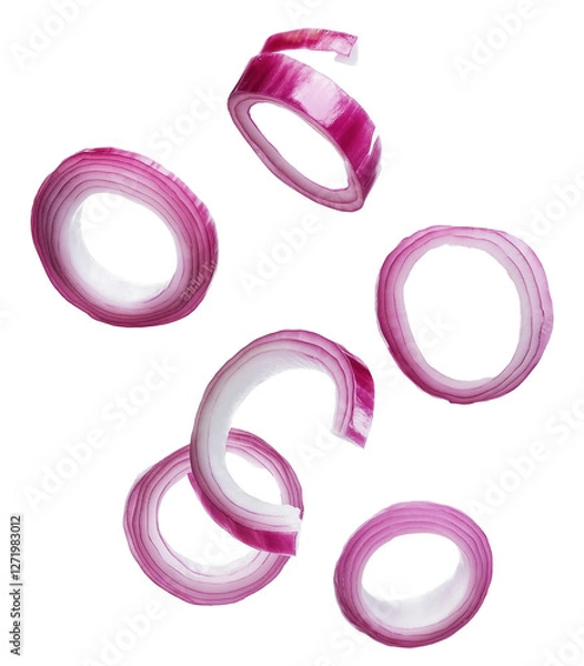 Fototapeta Fresh onion slices falling on transparent background