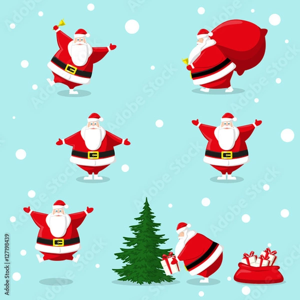 Fototapeta Set of different character cute Santa Claus and gifts box, bell, christmas tree. Design elements isolated on blue background for decoration banner, poster, flyer, greeting card. Cartoon style. Vector