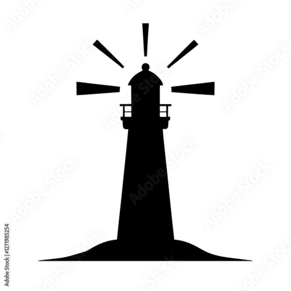 Fototapeta Minimalist black silhouette of a lighthouse with guiding light beams on white background