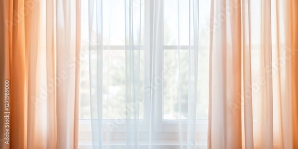 Fototapeta Soft sunlight filtering through sheer orange curtains in a nostalgic interior space