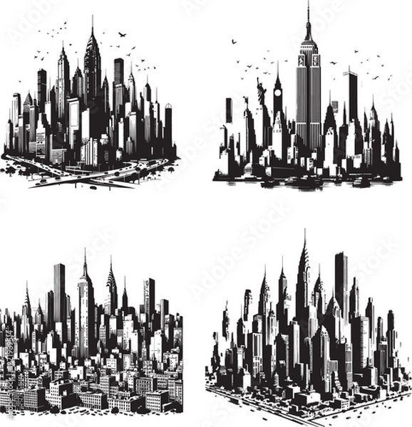 Fototapeta Metropolis in Monochrome in lack and white silhouette assets in vector farm 