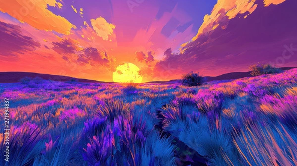 Fototapeta vibrant prairie landscape with colorful sunset illuminating sky and fields. scene is filled with rich purple and orange hues, creating stunning