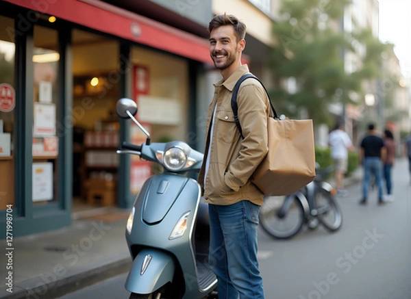 Fototapeta A smiling courier with a delivery box next to a motorcycle on a city street