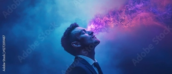 Fototapeta Man in suit with colorful smoke from his eyes, representing imagination, creativity, and vision in a surreal atmosphere Concept of ideas, innovation, and inspiration