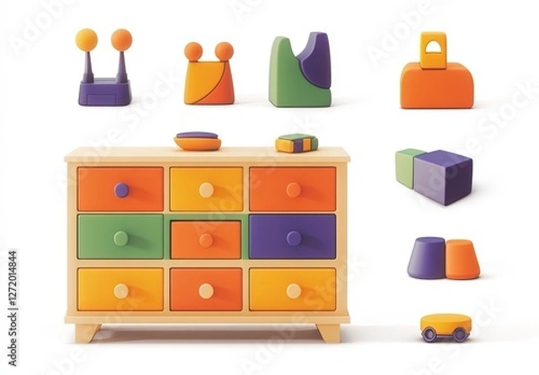 Fototapeta Colorful geometric shapes and a wooden dresser in a playful arrangement