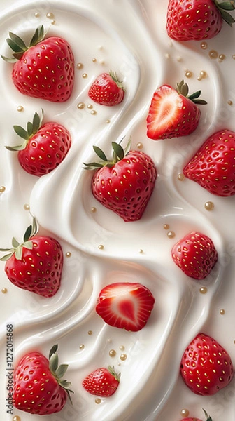 Obraz Close up of strawberries and cream on a white background