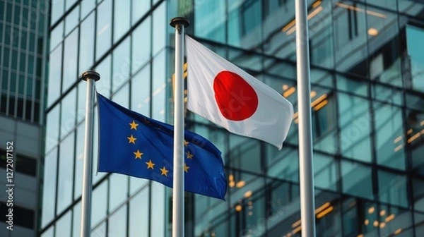 Fototapeta two flags on tall poles in modern urban setting eu emblem with yellow stars near japanese rising sun symbol concept of diplomacy, business, travel