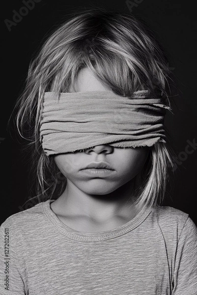 Obraz Children with blindfolded eyes, dark mode, b&w, Generative AI