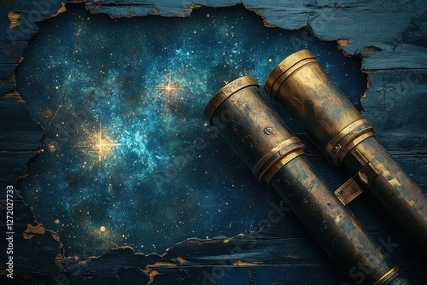 Fototapeta Antique telescopes gaze upon a vibrant cosmos through broken wood