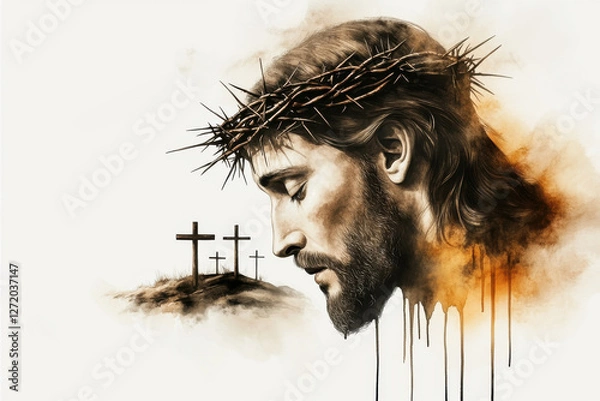 Fototapeta Jesus Christ wearing a crown of thorns, his form blending into three crosses on a hill, symbolizing sacrifice and redemption in a surreal artistic composition. Digital watercolor painting illustration