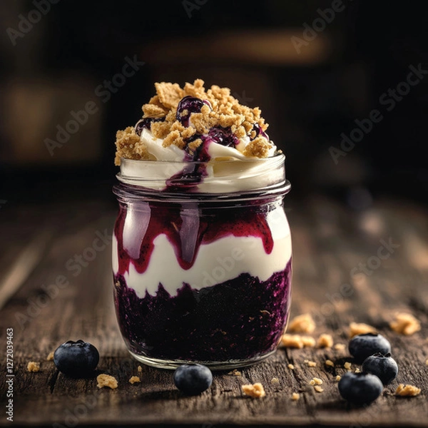 Fototapeta Rustic blueberry parfait with velvety yogurt and crisp crumble